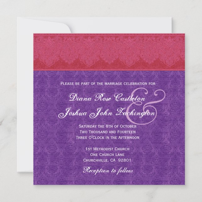 Invitación Boda Monograma V14 de amortiguador rojo y morado (Anverso)