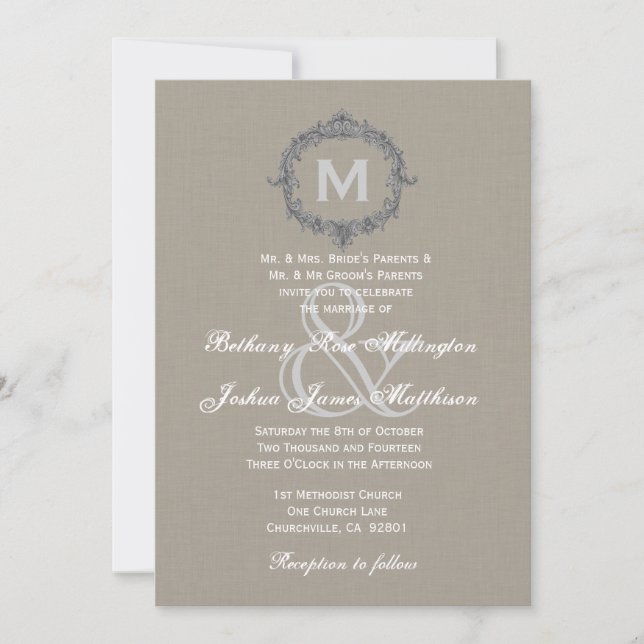 Invitación Boda monograma V6 de cuadro gris y guijarro (Anverso)
