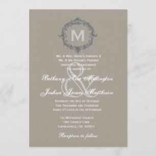 Invitación Boda monograma V6 de cuadro gris y guijarro