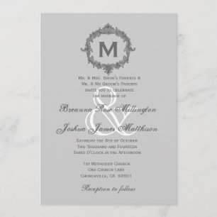 Invitación Boda monograma V7 de guijarros pálidos y marco gri