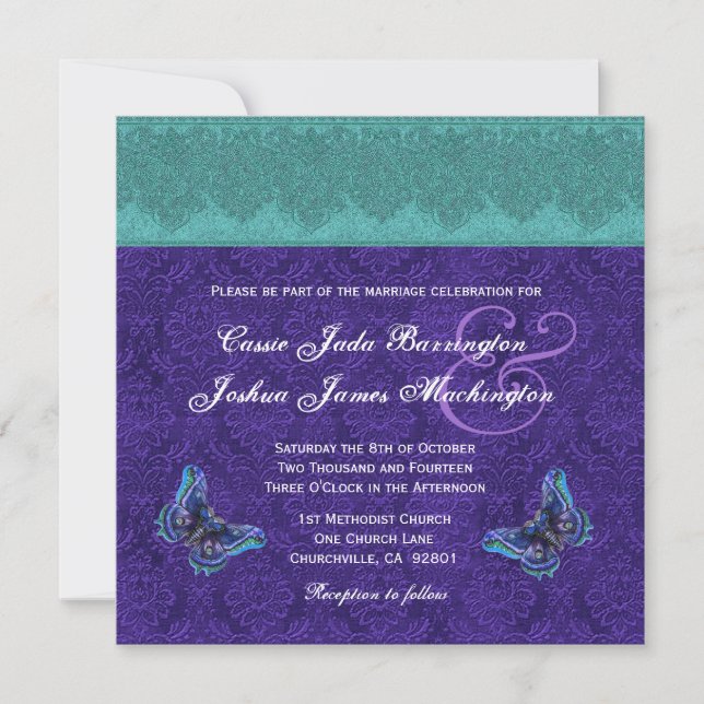 Invitación Boda monograma Verde azulado monograma morado V15C (Anverso)