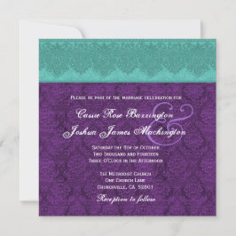 Invitación Boda Monograma Verde azulado y morado de Damasco V