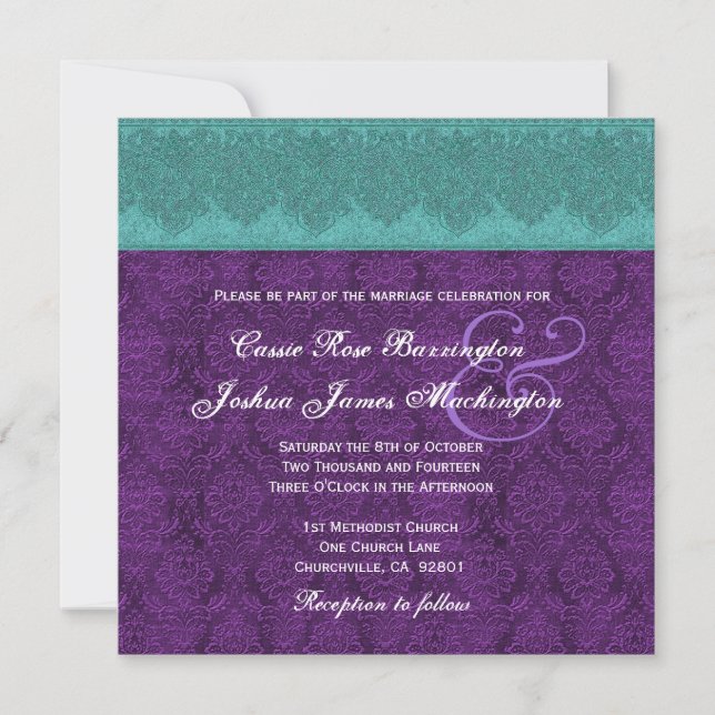 Invitación Boda Monograma Verde azulado y morado de Damasco V (Anverso)