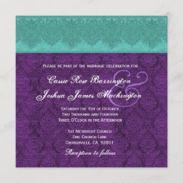 Invitación Boda Monograma Verde azulado y morado de Damasco V