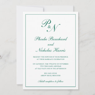 Invitación Boda monograma verde esmeralda formal elegante