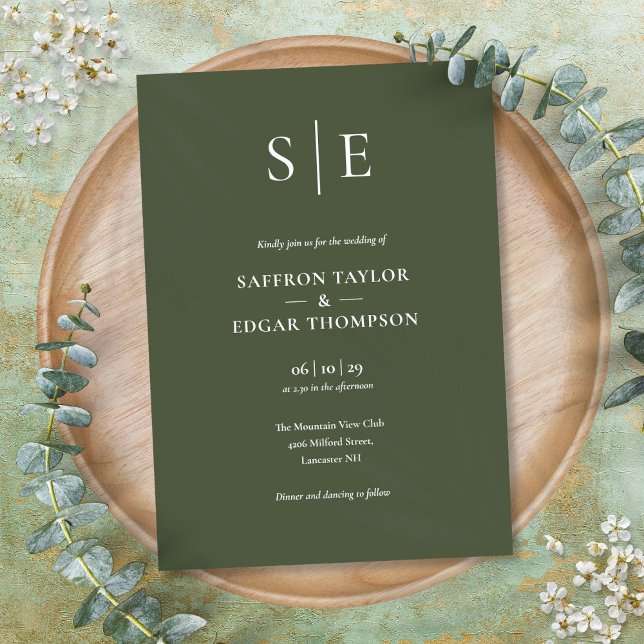 Invitación Boda Monograma Verde Oliva (Olive Green Monogram Wedding Invitation)