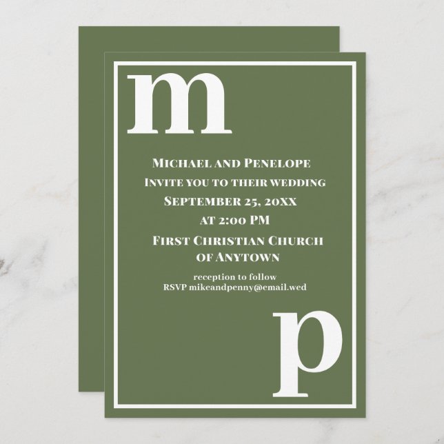 Invitación Boda Monograma Verde Oliva Lindo Moderno (Anverso / Reverso)