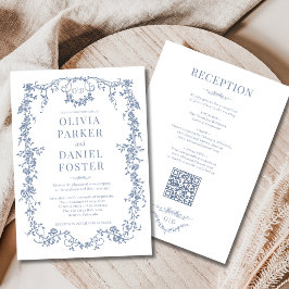 Invitación Boda Monograma Victoriano Todo en Uno Polvo Azul