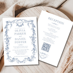 Invitación Boda Monograma Victoriano Todo en Uno Polvo Azul