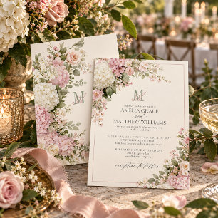 Invitación Boda Monograma Vintage con Hortensias Rosa Polvo y