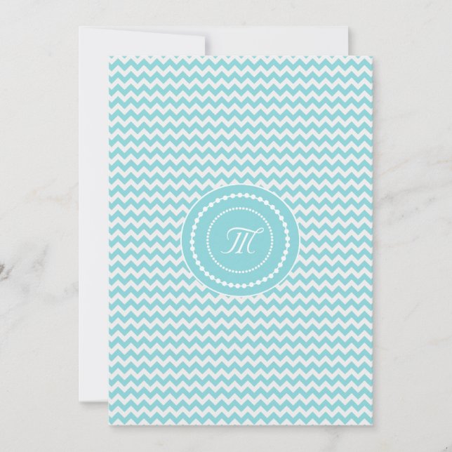 Invitación Boda Monogramada con Chevron Azul y Blanco (Anverso)