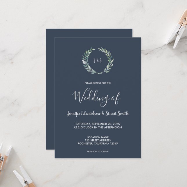 Invitación Boda monogramada con hojas de acuarela rústica (Anverso/Reverso In Situ)