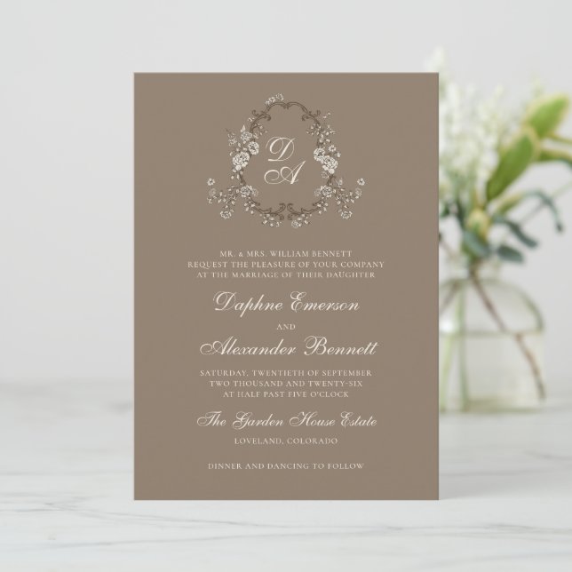 Invitación Boda Monogramada Floral Marrón Vintage (Anverso de pie)