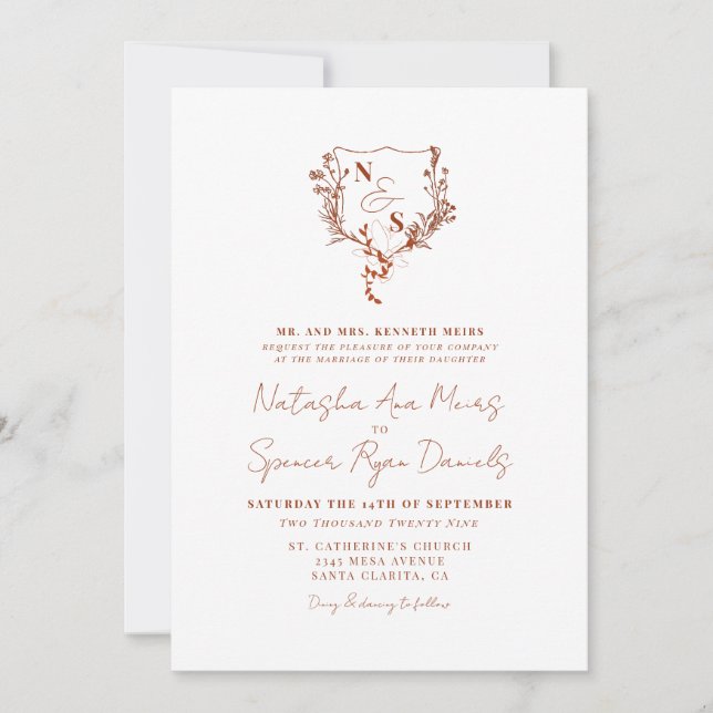 Invitación Boda Monogramada Formal Rústica con Cresta Floral (Anverso)