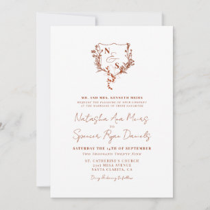 Invitación Boda Monogramada Formal Rústica con Cresta Floral