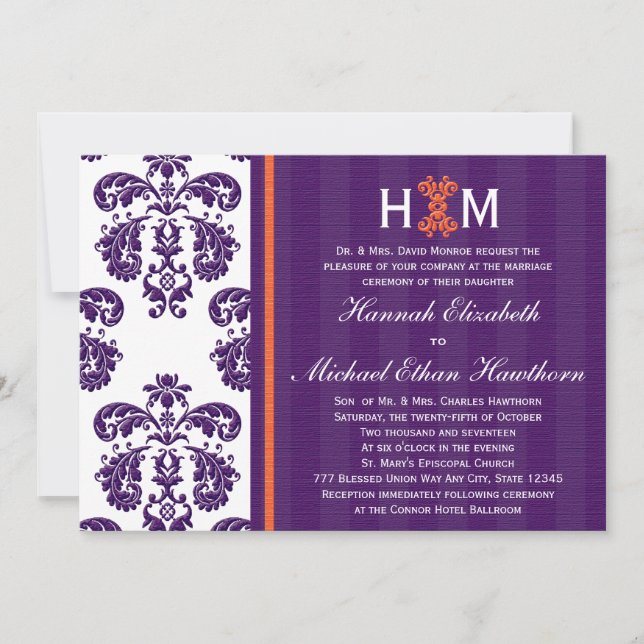 Invitación Boda Monogramada púrpura y Naranja Damask (Anverso)