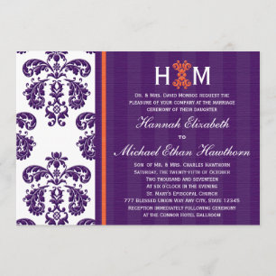Invitación Boda Monogramada púrpura y Naranja Damask