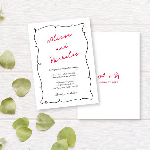 Invitación Boda monogramado de borde negro y rojo dibujado a