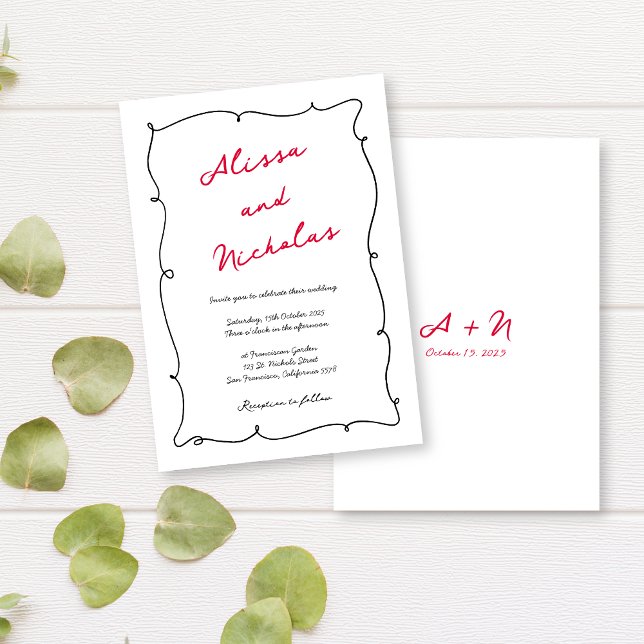 Invitación Boda monogramado de borde negro y rojo dibujado a  (Subido por el creador)