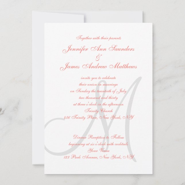 Invitación Boda Monogramado de Coral Gray (Reverso)