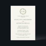 Invitación Boda Monogramado de flor rosa y verde<br><div class="desc">Esta invitación minimalista a la boda incluye sus iniciales enmarcadas en una corona floral acuarela de color rosa y verde.</div>