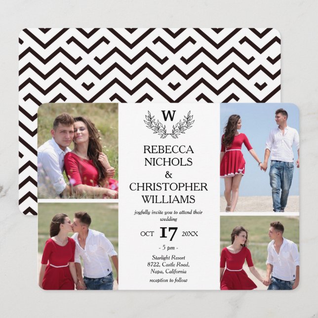 Invitación Boda Monogramado de Laurel de fotos personalizado  (Anverso / Reverso)