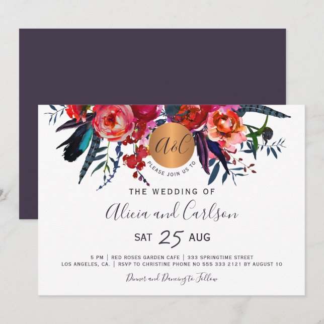 Invitación Boda monogramado de moda de boho floral de la mari (Anverso / Reverso)