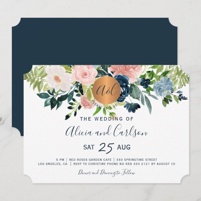 Invitación Boda monogramado de moda de flores azul marino (Anverso / Reverso)