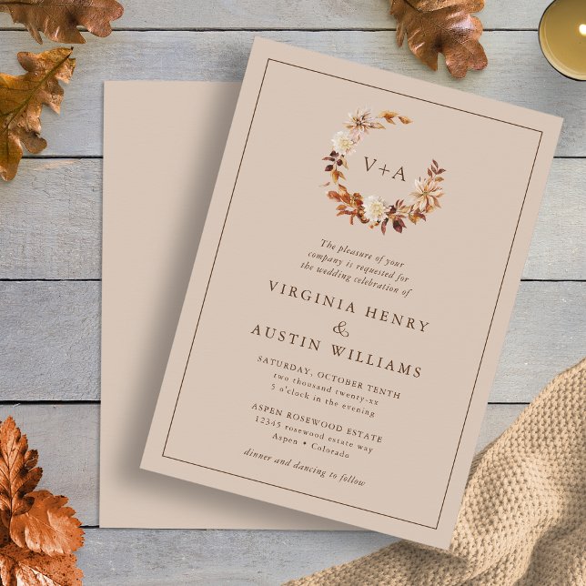 Invitación Boda Monogramado de otoño (Taupe Fall Floral Wreath Monogrammed Wedding Invitation by Painted Paperie
)