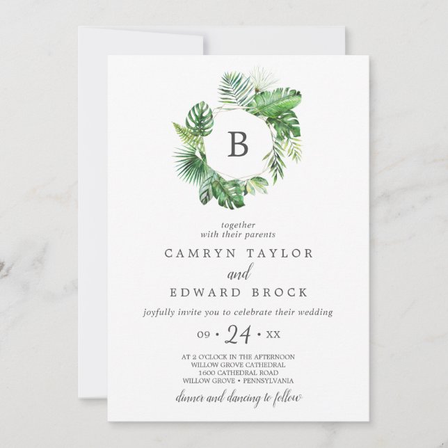 Invitación Boda Monogramado de Palm Tropical Salvaje (Anverso)