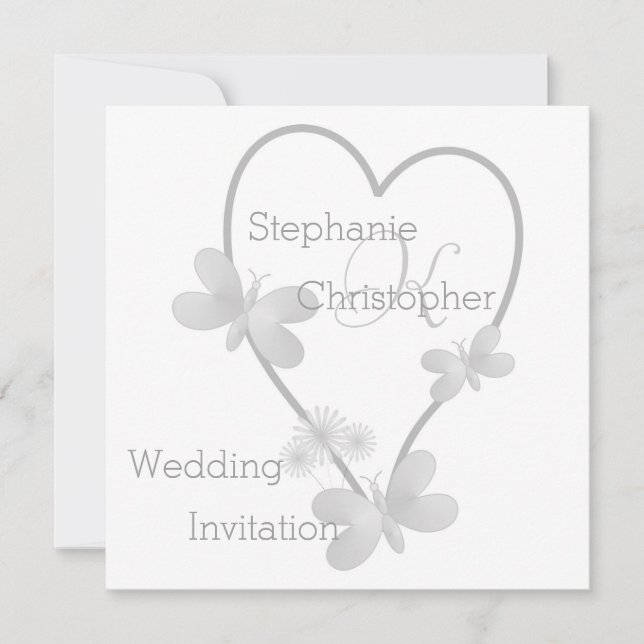 Invitación Boda Monogramado De Plata Corazón Y Mariposas (Anverso)