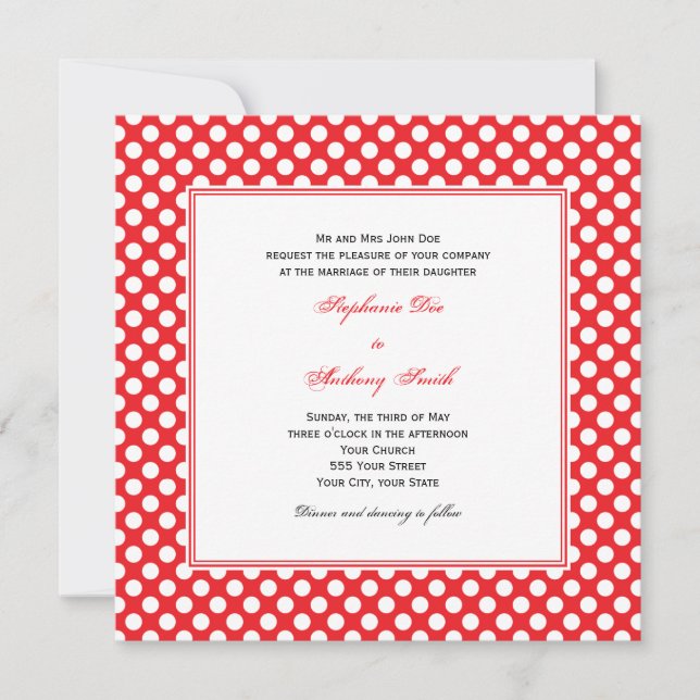Invitación Boda Monogramado de Punto de Polka Blanco y Rojo (Anverso)