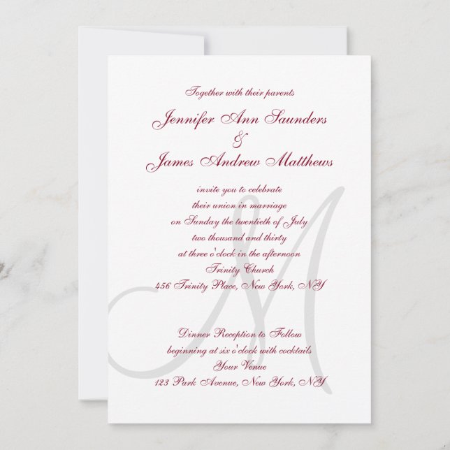Invitación Boda monogramado elegante de Borgoña Gris (Reverso)