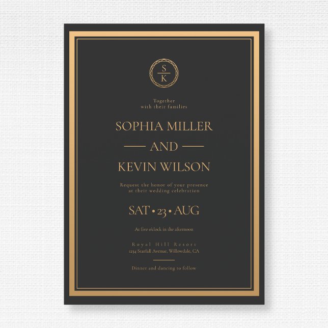 Invitación Boda monogramado moderno elegante de oro negro (Subido por el creador)
