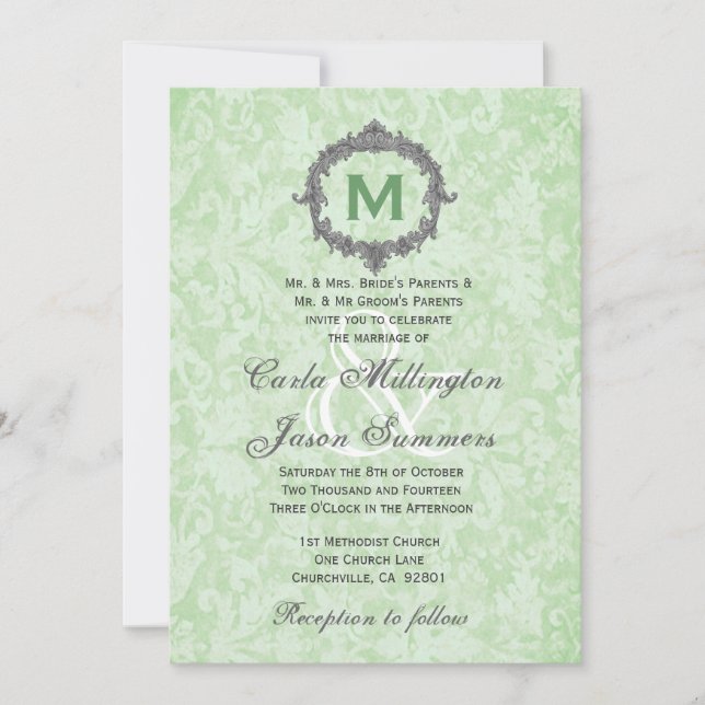 Invitación Boda monogramo de marco blanco plateado de Damasco (Anverso)