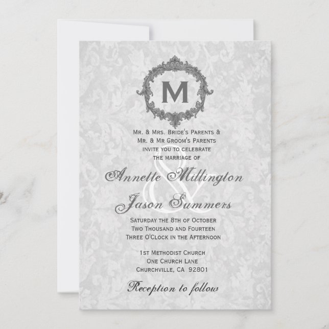 Invitación Boda monogramo de marco gris oscuro del amortiguad (Anverso)