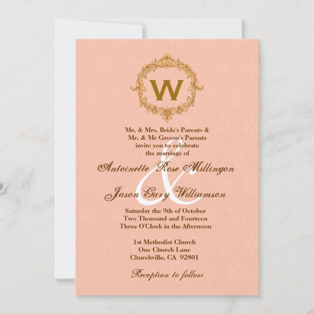 Invitación Boda monogramo de marco vintado dorado (Anverso)