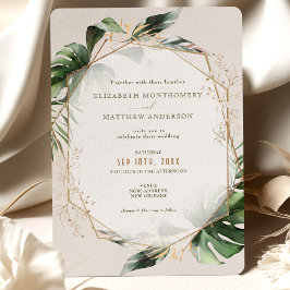 Invitación Boda Monstera Gold Green Watercolor Tropical