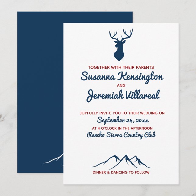 Invitación Boda montañoso del País Rústico Azul y Red Deer (Anverso / Reverso)