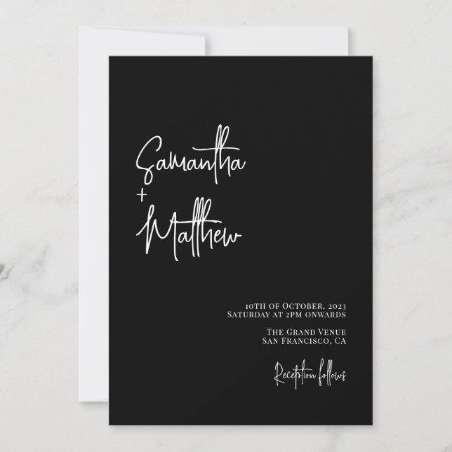 Invitación Boda Moody de caligrafía simple en blanco y negro (Anverso)