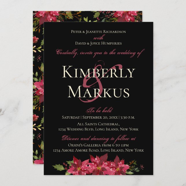 Invitación Boda Moody Oscuro Monograma Claret Poinsettia Roja (Anverso / Reverso)