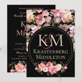 Invitación Boda Moody oscuro Monograma Rubor Rosa de invierno