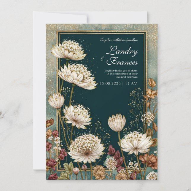 Invitación Boda Moody Teal Gilded Astrantia (Anverso)