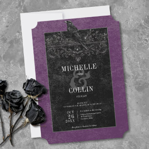 Invitación Boda Morada Cuervo Negro Gótico & Rosas Negras