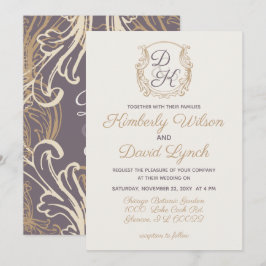 Invitación Boda morada de oro Escudo Monograma