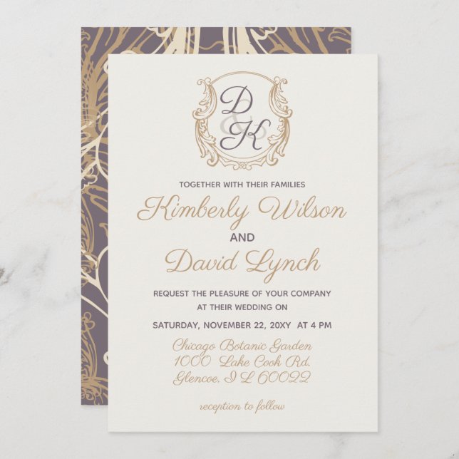 Invitación Boda morada de oro Escudo Monograma (Anverso / Reverso)