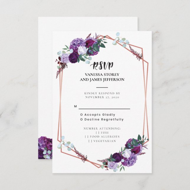 Invitación Boda morada floral RSVP (Anverso / Reverso)
