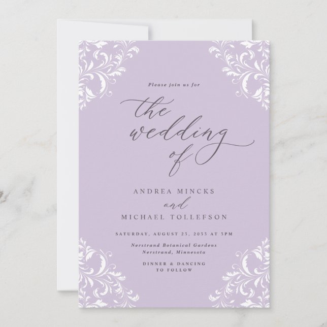 Invitación Boda Morada Lavanda Vintage Elegante (Anverso)