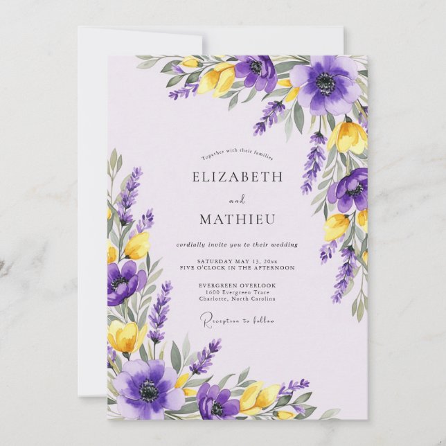 Invitación Boda Morada Vibrante de Primavera (Anverso)