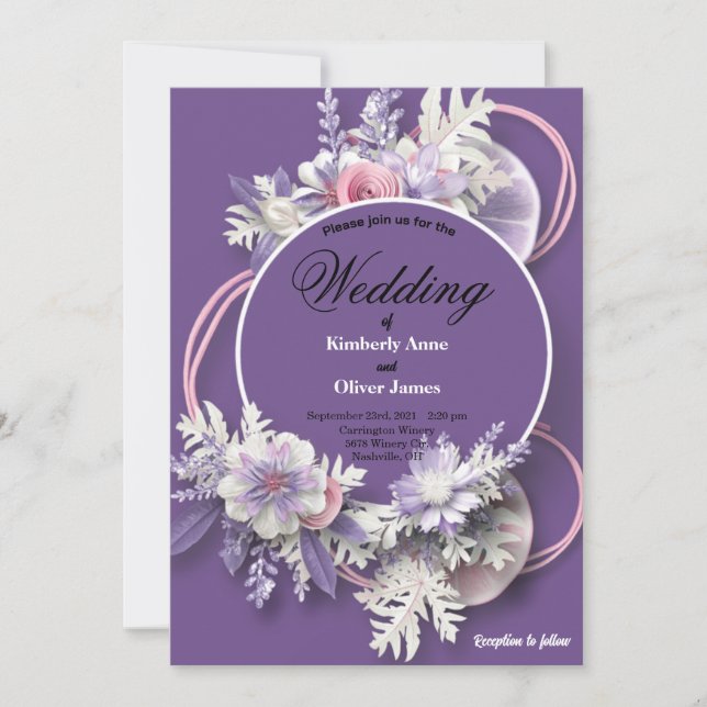 Invitación Boda morada y flores blancas y rosadas  (Anverso)